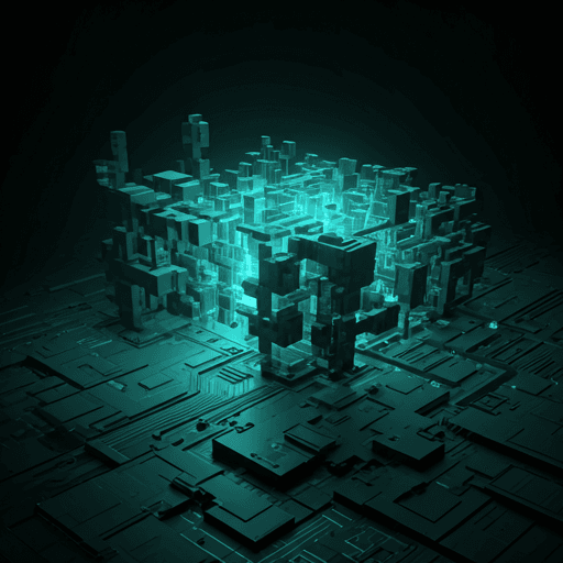 Digital code structures in 3D dark space with teal lighting